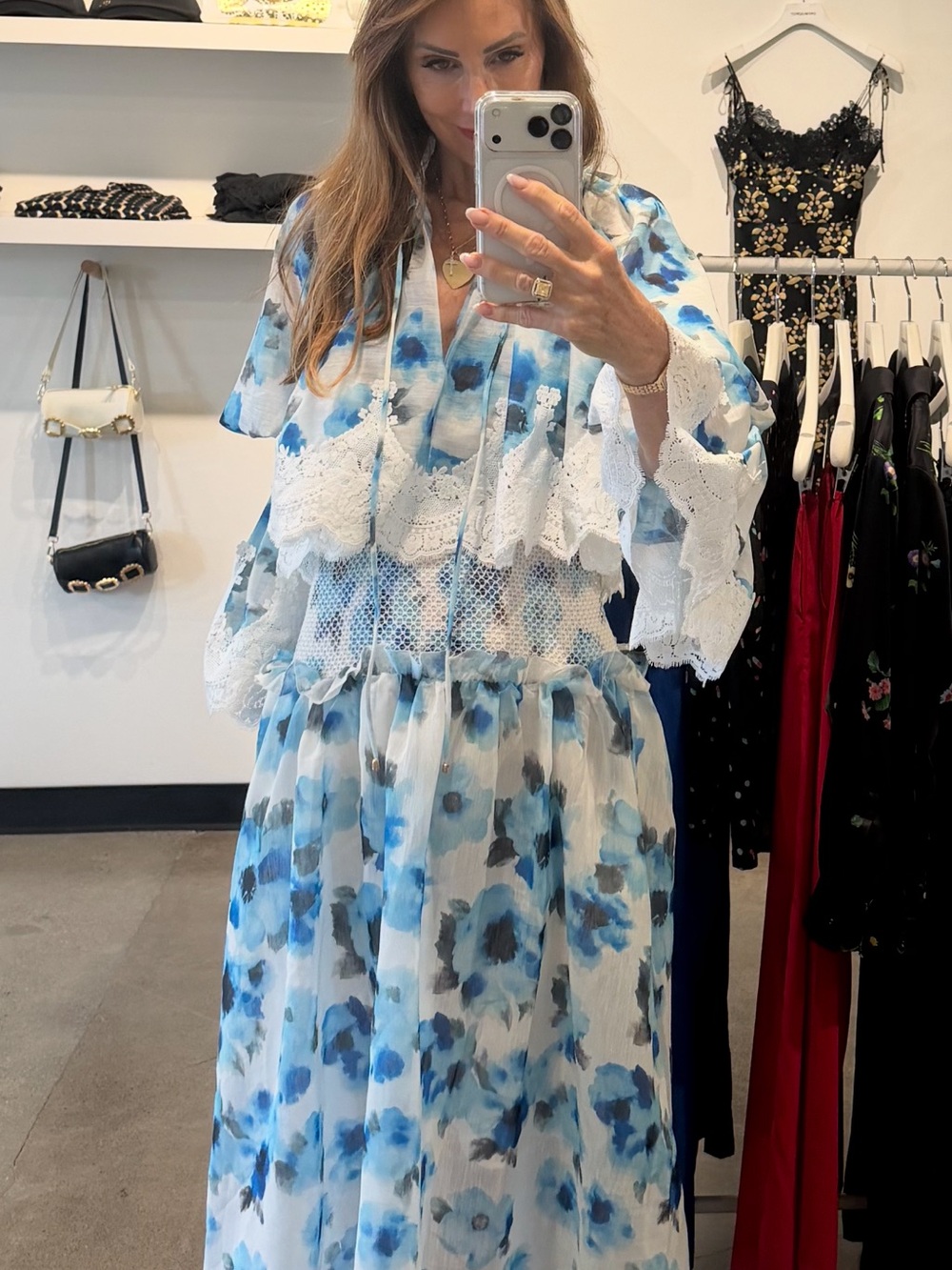 Zimmermann Blue and White Floral Lace-Trim Maxi Dress